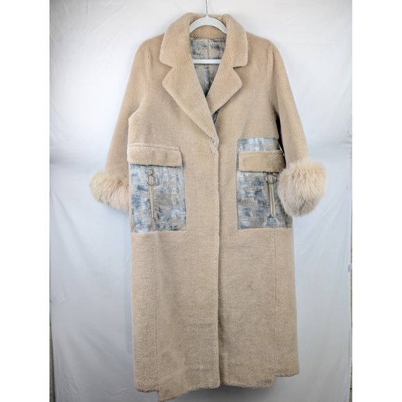 Tan Shearling Wool Fox Fur Long Coat Jacket Pockets Button M Camel Cottagecore - Picture 2 of 13